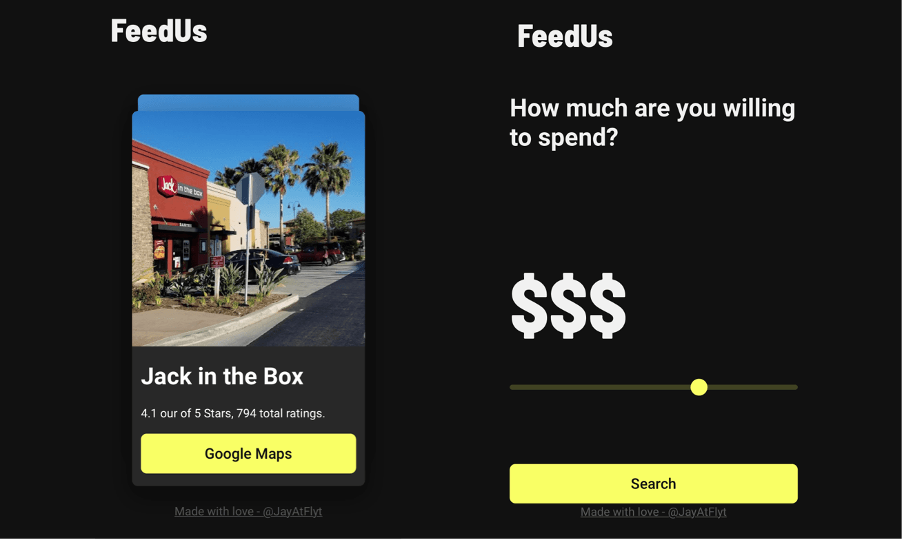 Screenshots of the FeedUs Web App.